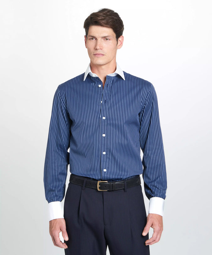 Navy & Blue Tailored Fit Double Cuff Rope Stripe Formal Shirt