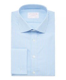 Pale Blue & White Classic Fit Double Cuff Core Poplin Gingham Formal Shirt