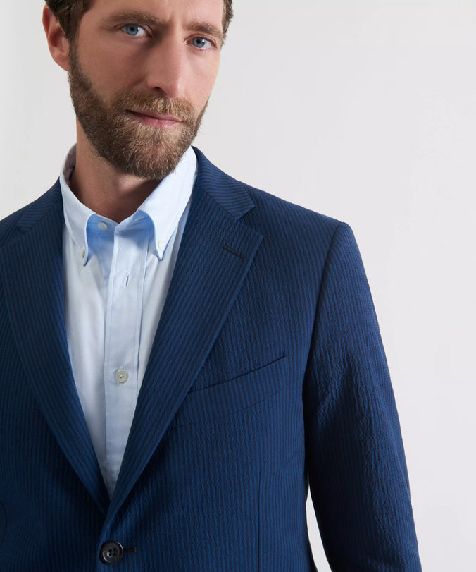 Blue & Navy Tailored Fit Stripe Seersucker Jacket