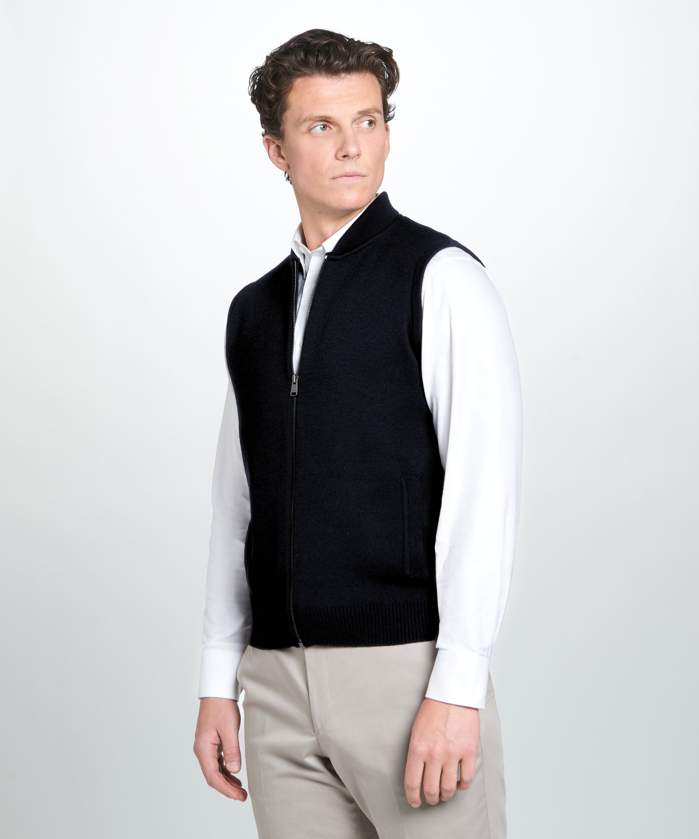 Black Knitted Merino Wool Zipper Gilet