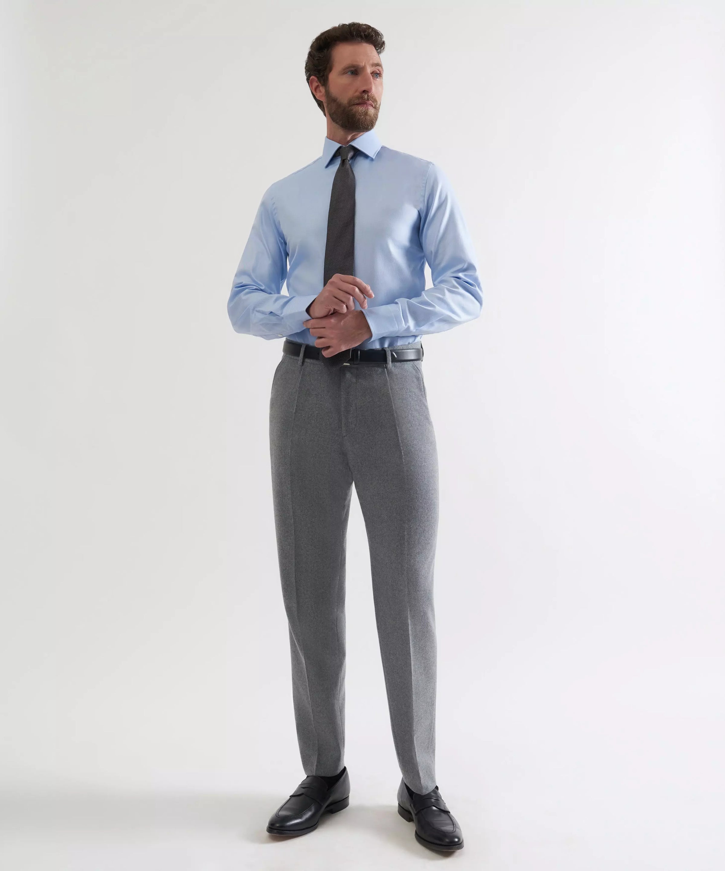Grey Tailored Fit Merino Wool Pleated Trousers