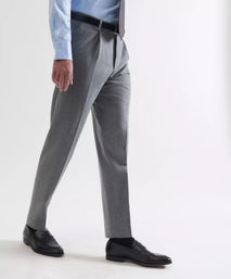 Grey Tailored Fit Merino Wool Pleated Trousers