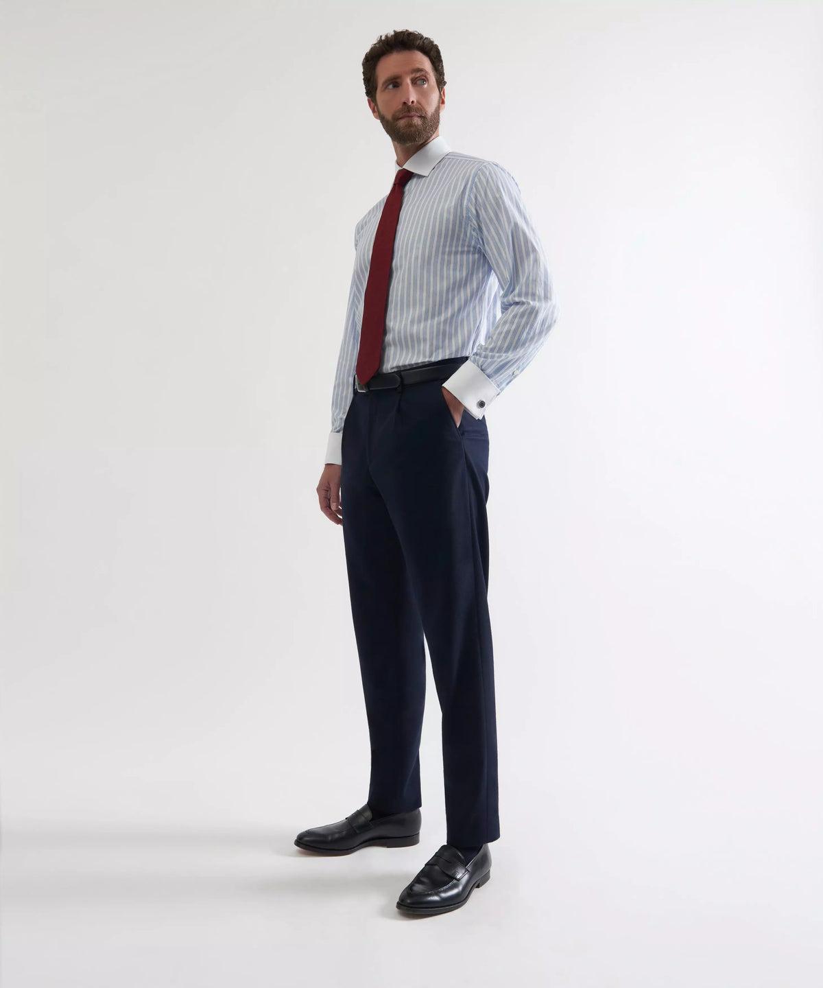 Navy Blue Tailored Fit Merino Wool Pleated Trousers