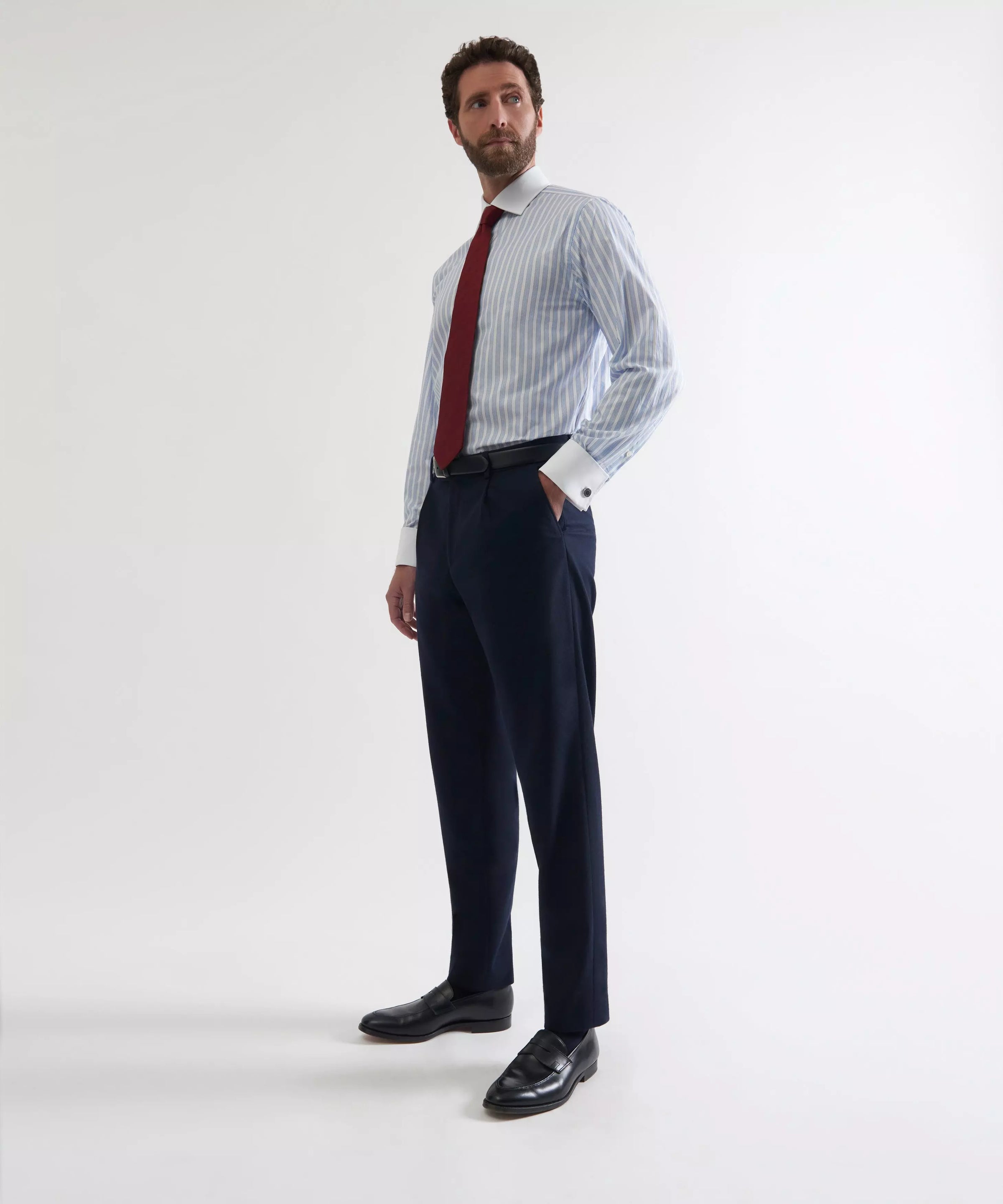 Navy Blue Tailored Fit Merino Wool Pleated Trousers