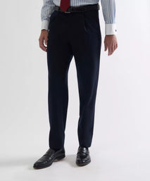 Navy Blue Tailored Fit Merino Wool Pleated Trousers