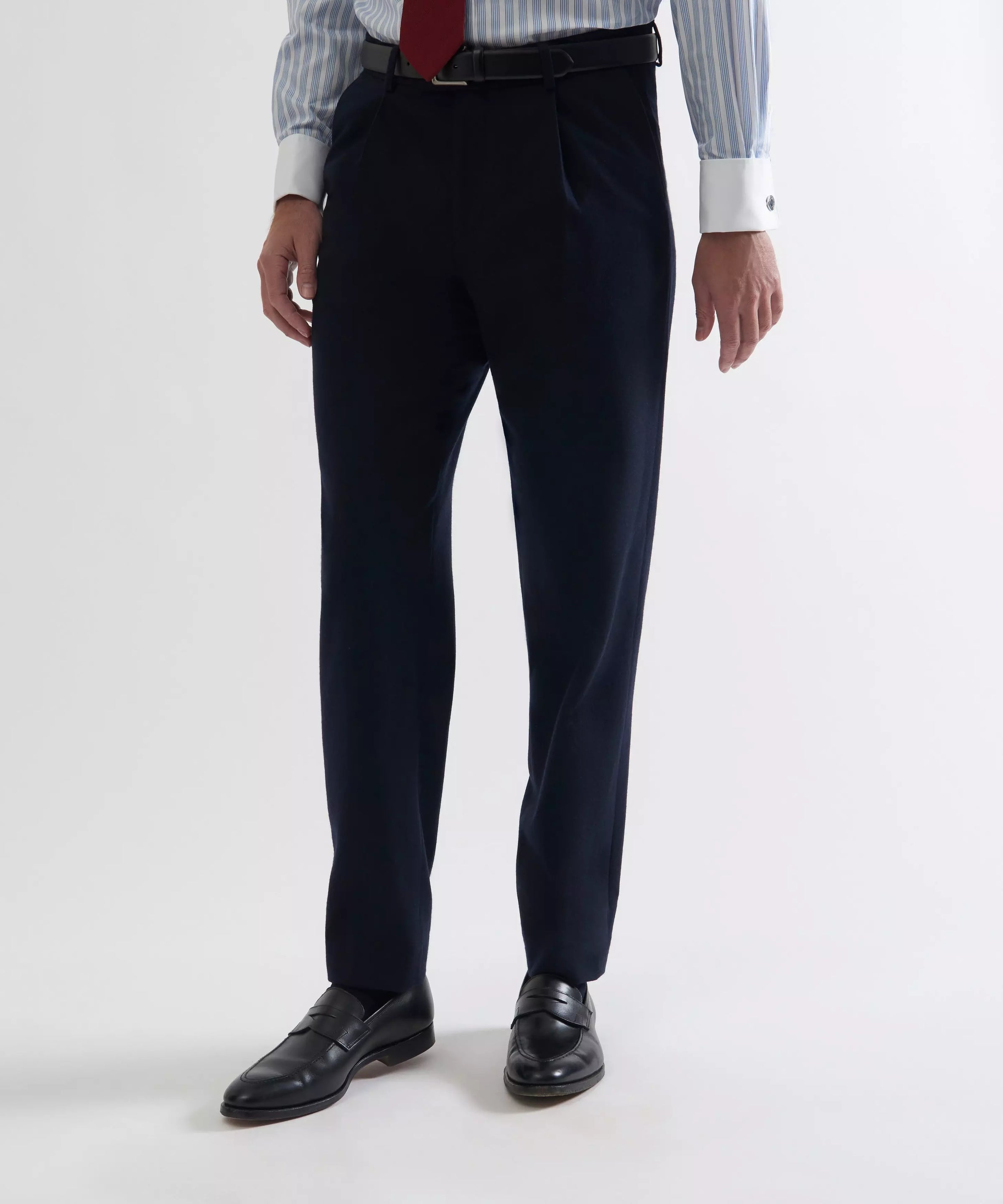 Navy Blue Tailored Fit Merino Wool Pleated Trousers