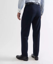 Navy Blue Tailored Fit Merino Wool Pleated Trousers