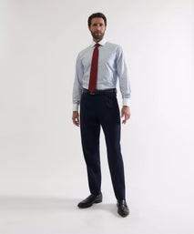Navy Blue Tailored Fit Merino Wool Pleated Trousers