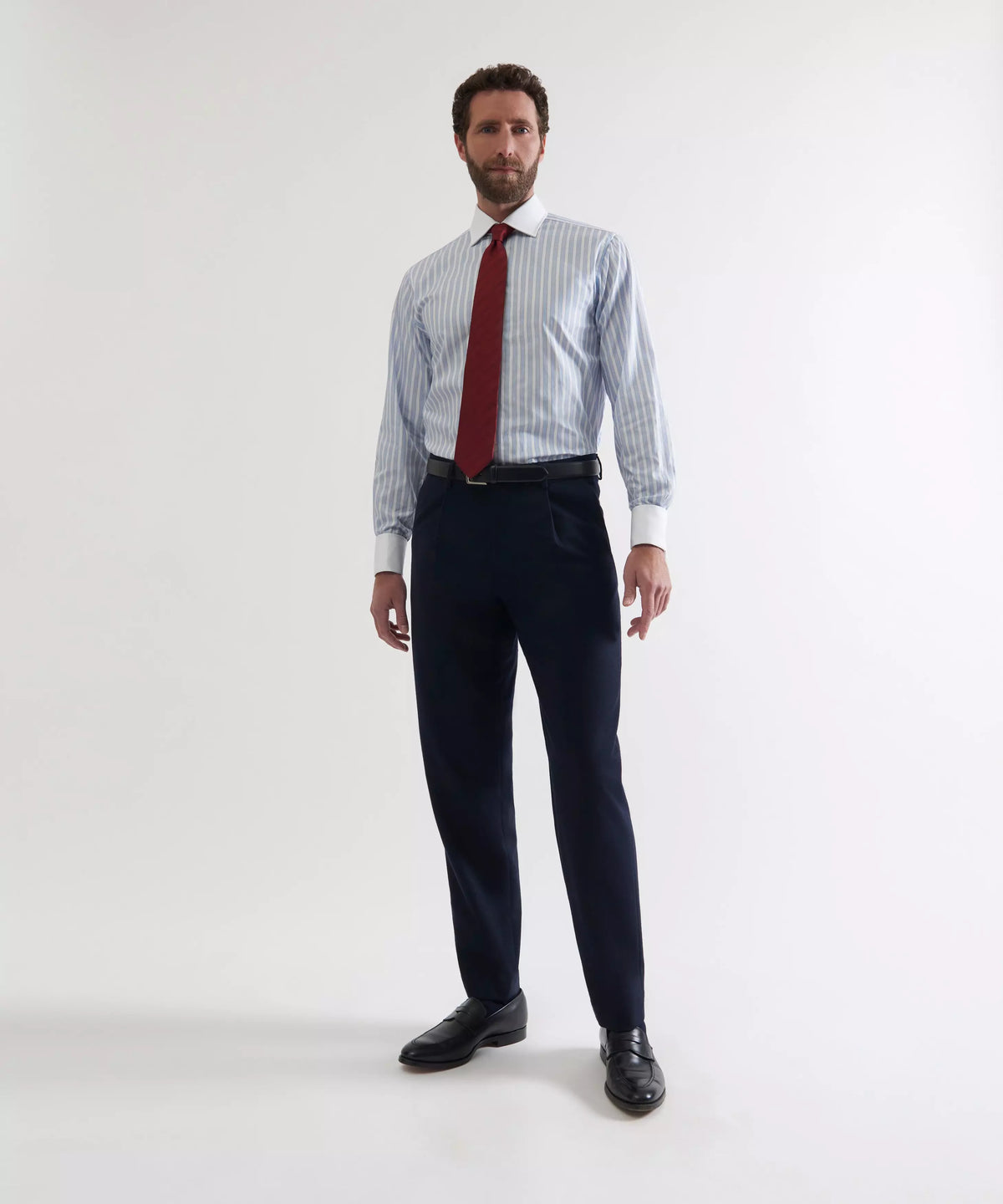 Navy Blue Tailored Fit Merino Wool Pleated Trousers