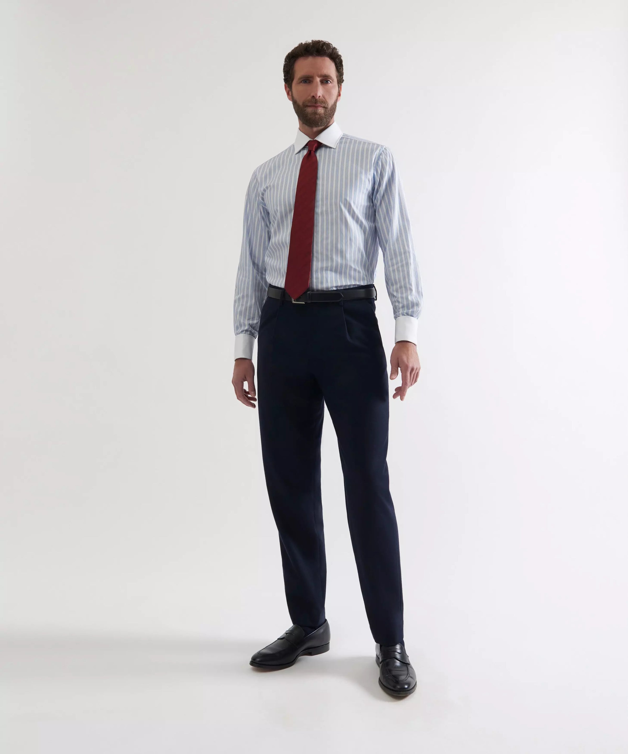 Navy Blue Tailored Fit Merino Wool Pleated Trousers